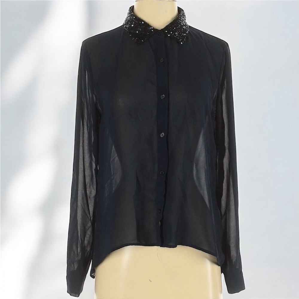 Forever 21 Dark Navy Sheer Sequin-Collar Button-Up Blouse | Size Small - Picture 2 of 11